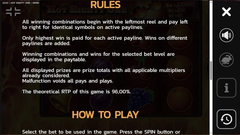 Hot Eighty One - instruções curtas "como jogar" com descrição de Wild e multiplicador x